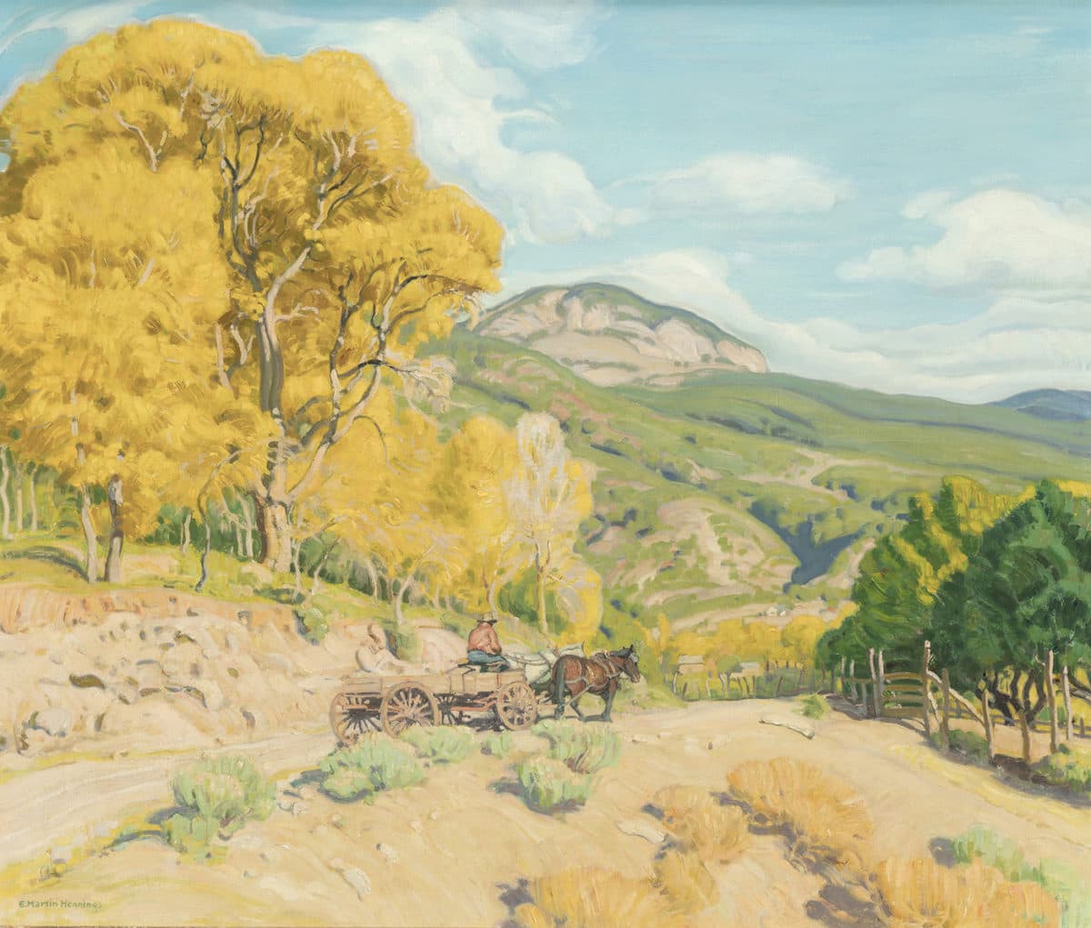 southwestern artwork of landscape with colorful tress and man riding a wagon - The Wagon Road by E. Martin Hennings